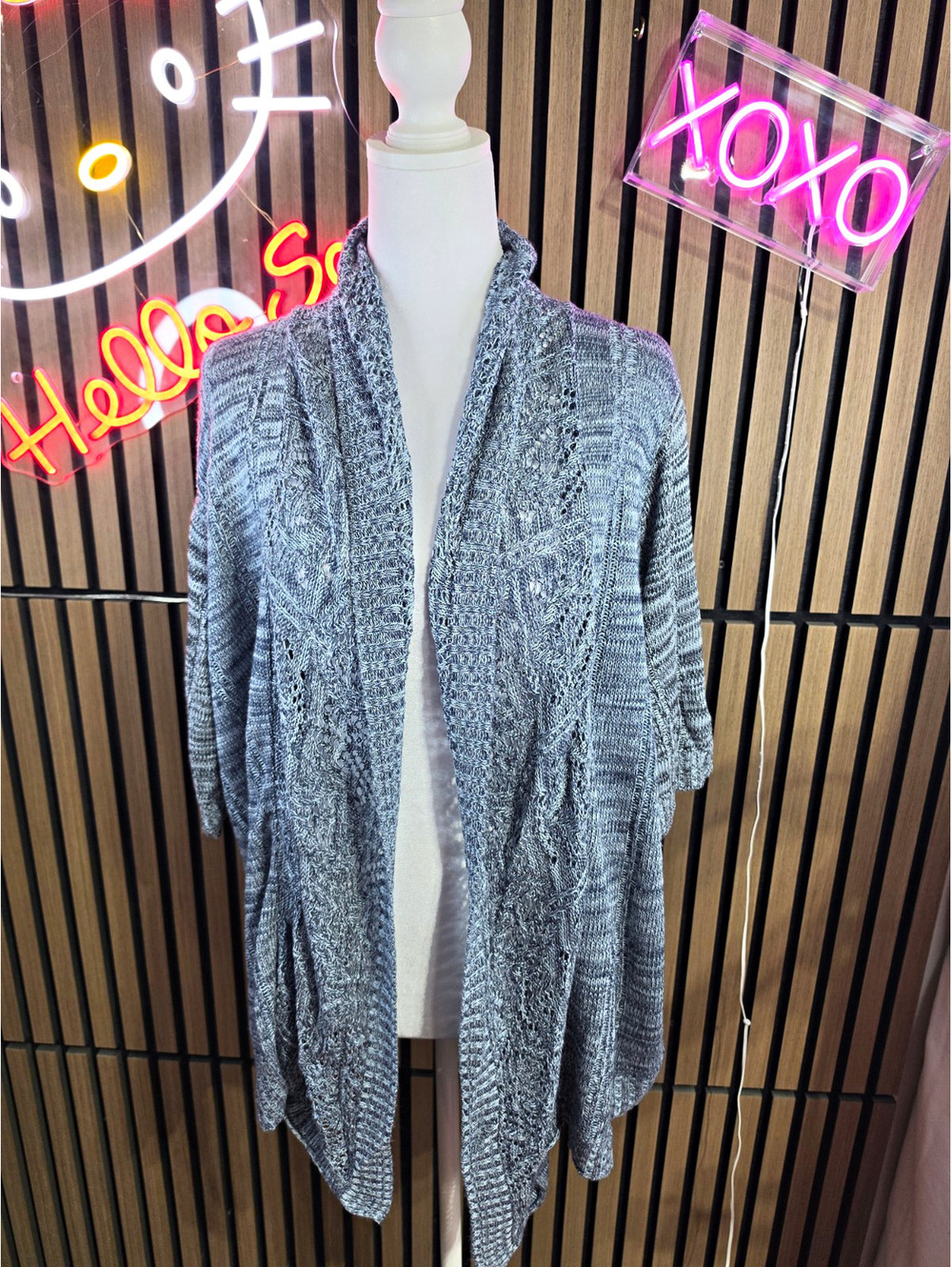 Nouveaux Women's Open-Knit Cardigan Sweater Open Front Shawl Collar 3/4 2X